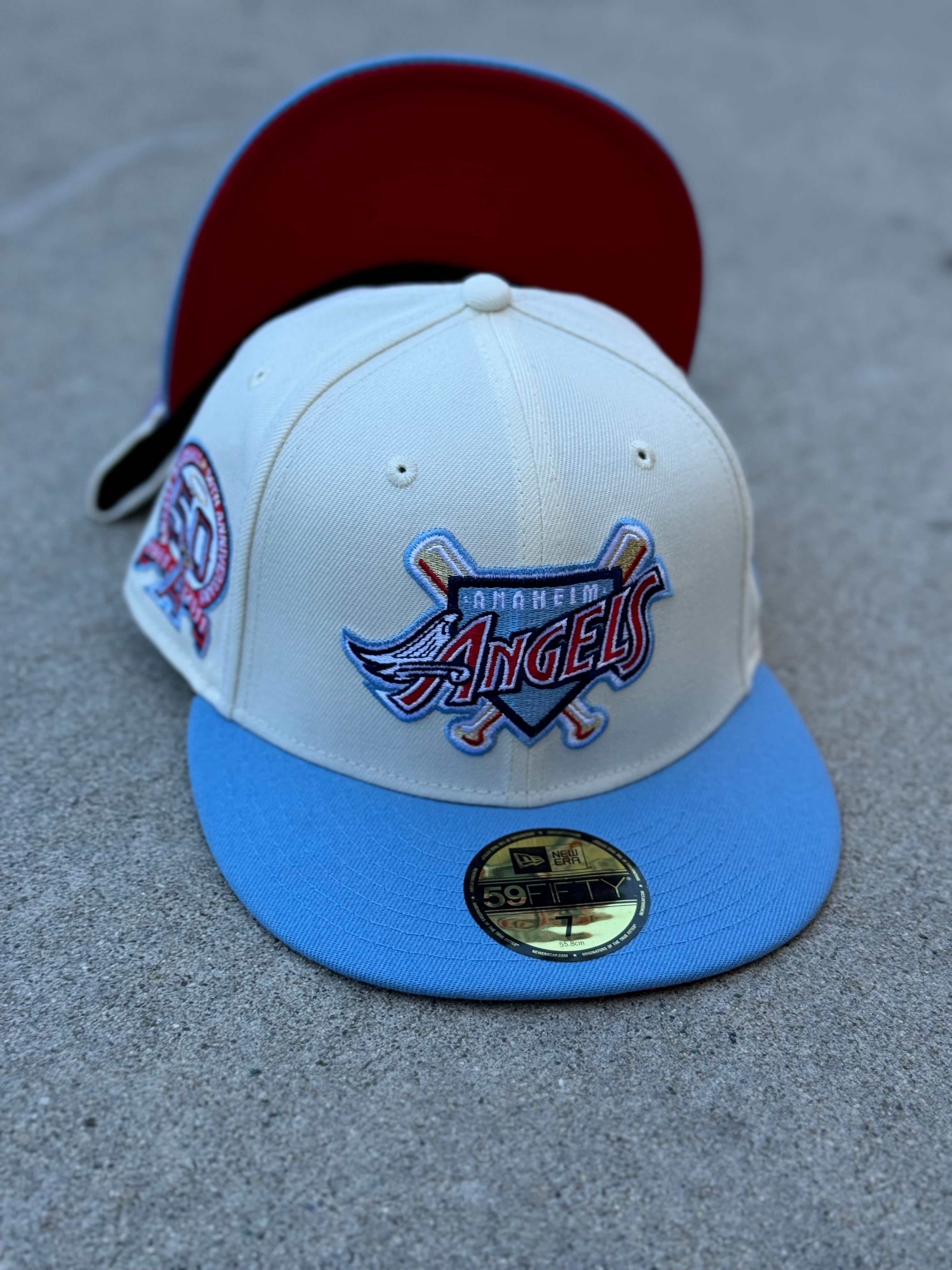 Anaheim Angels 2Tone Chrome Baby Blue Bat Script Logo Red UV 50th