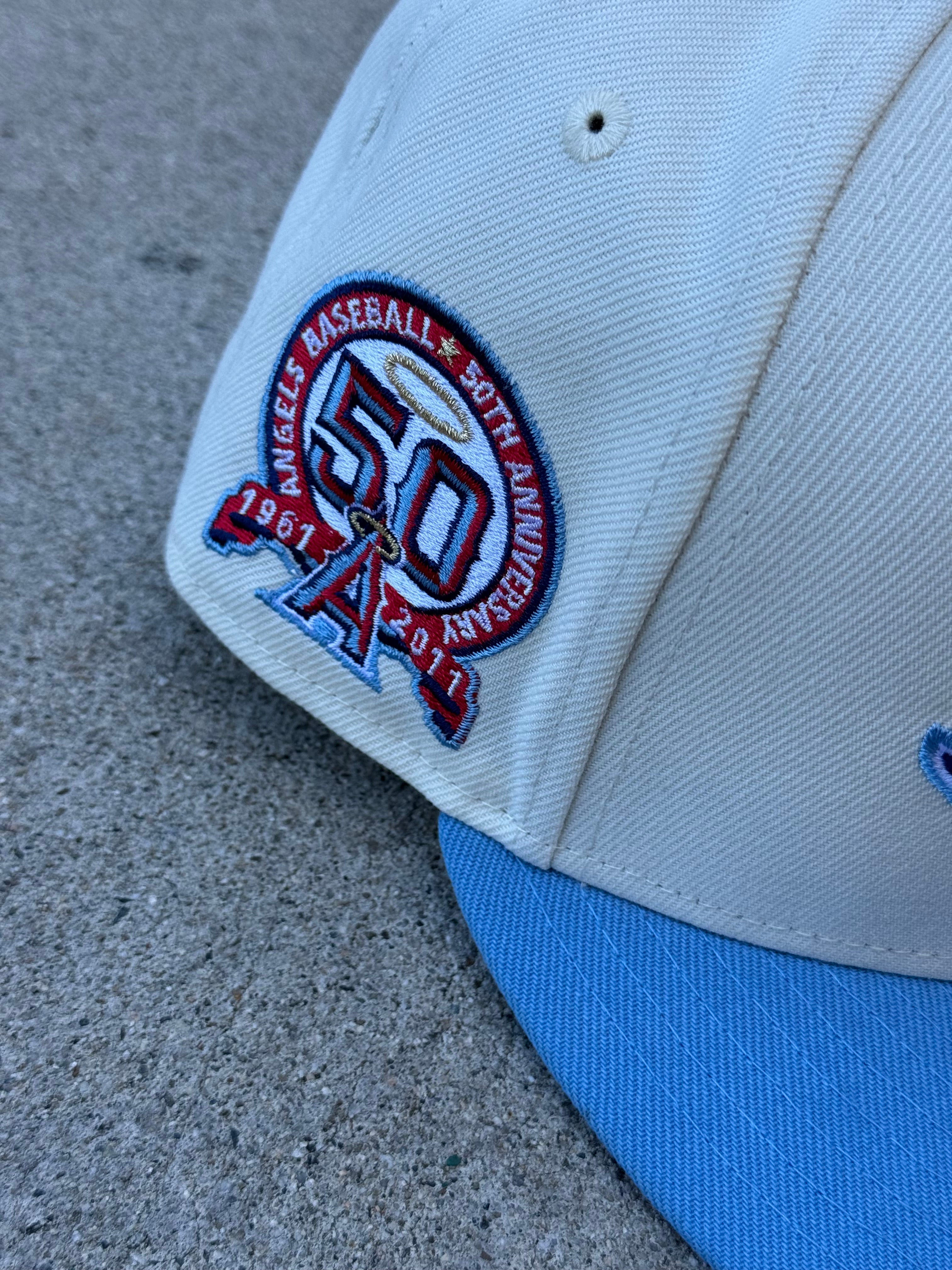 Anaheim Angels 2Tone Chrome Baby Blue Bat Script Logo Red UV 50th